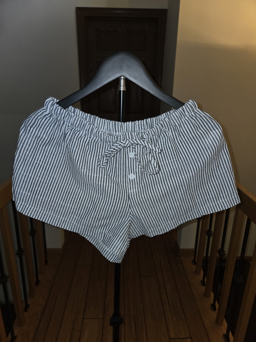 Striped Cotton Drawstring Women's Shorts - White & Navy